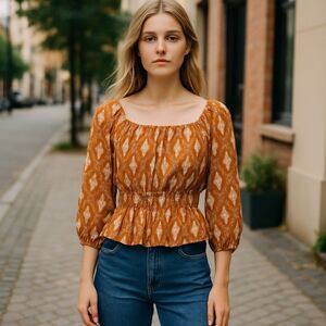 Haute Hippie Orange Smocked 3/4 Sleeve Blouse